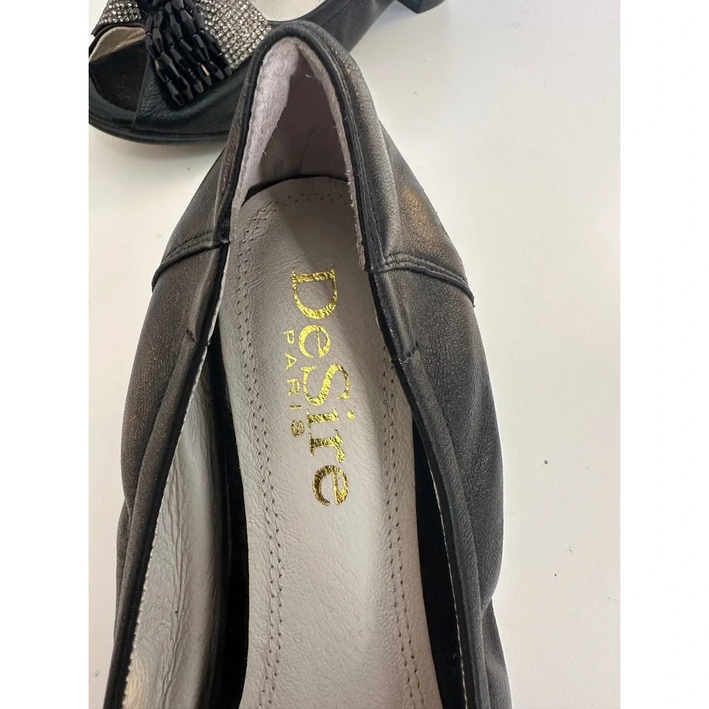DeSire Paris Women's Black Beaded Rhinestone Bow Peep Toe Wedge Pumps Size 7